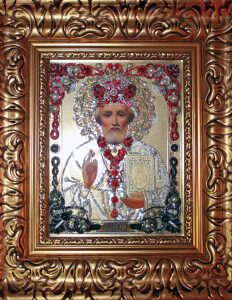Икона с драгоценными камнями "Николай Мирликийский" позолоченная