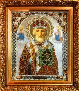 Икона с драгоценными камнями "Николай Мирликийский" позолоченная маленькая