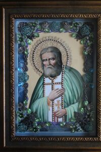 Икона с драгоценными камнями "Святой Серафим Саровский" позолоченная