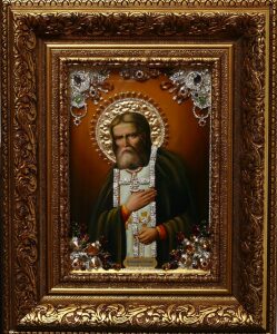 Икона с драгоценными камнями "Святой Серафим Саровский" позолоченная маленькая
