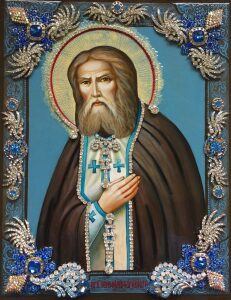 Икона с драгоценными камнями "Святой Серафим Саровский" с жемчугом