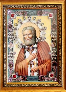 Икона с драгоценными камнями "Святой Серафим Саровский" с жемчугом позолоченная маленькая