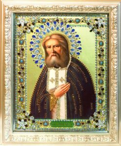 Икона с драгоценными камнями "Святой Серафим Саровский" с цирконием