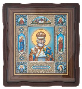 Икона "Николай Чудотворец и 7 святых" в коробе, финифть