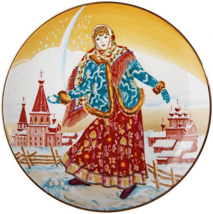 Декоративная тарелка "Эллипс" с рисунком "Девушка со снежком"