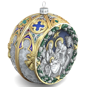 Серебряный елочный шар "Рождество" с эмалью и позолотой