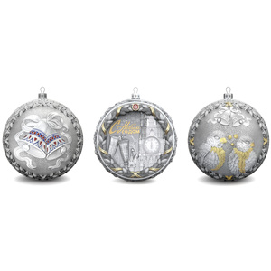Набор из 3 серебряных ёлочных шаров "Колокольчики, Снегири и Ностальгия"