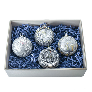 Набор из 4 серебряных ёлочных шаров "Колокольчики, Снегири, Ностальгия и Счастливое детство"