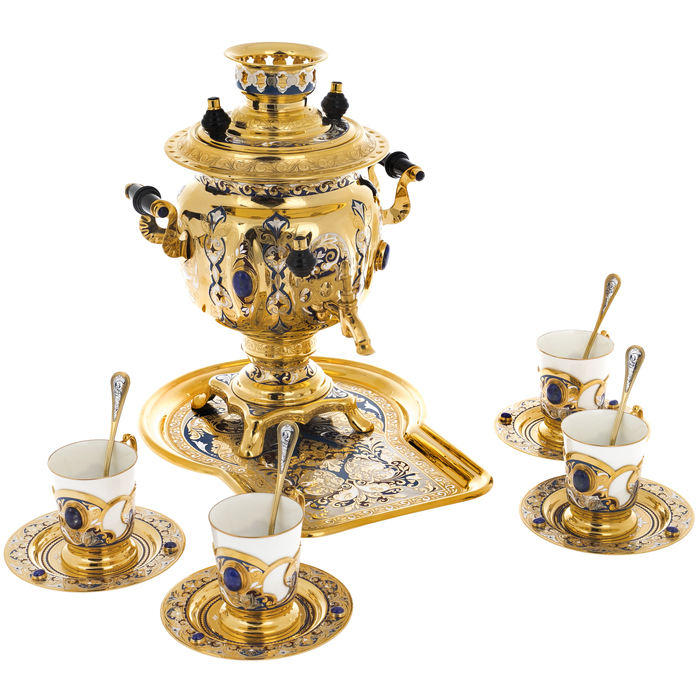 Чайный набор с самоваром "Русское застолье" на 4 персоны, с лазуритом, Златоуст