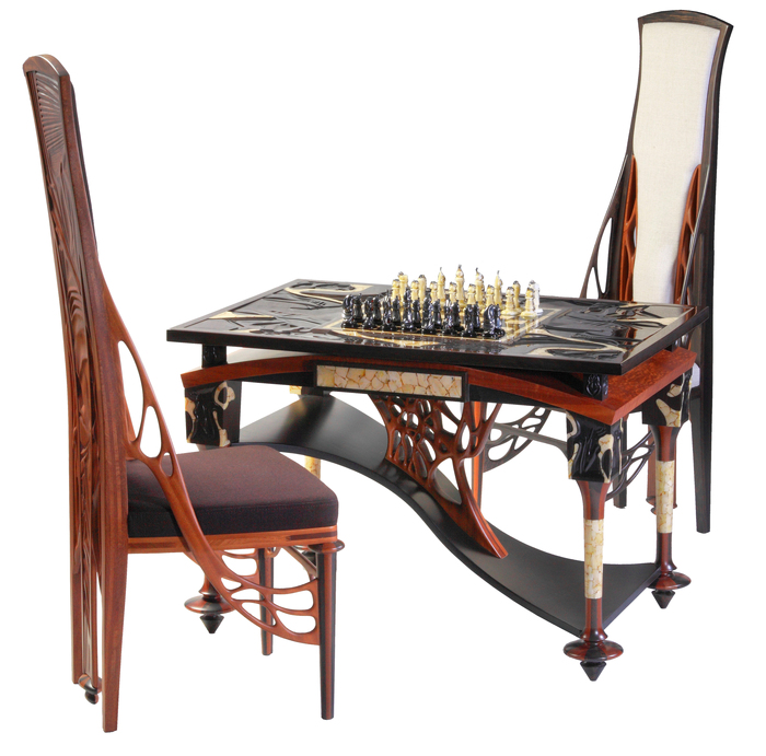 Гарнитур для игры в шахматы "Лувр" с янтарной инкрустацией