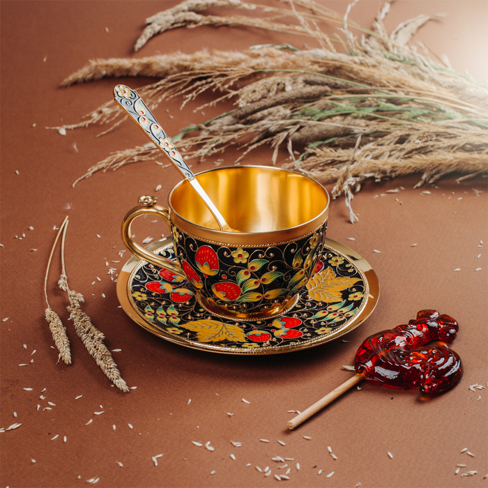 Набор чашка с блюдцем из чайного сервиза "Хохлома" (серебро, эмаль)