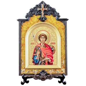 Икона янтарная в киоте "Георгий Победоносец"