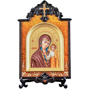 Икона янтарная в киоте "Казанская Божья Матерь"