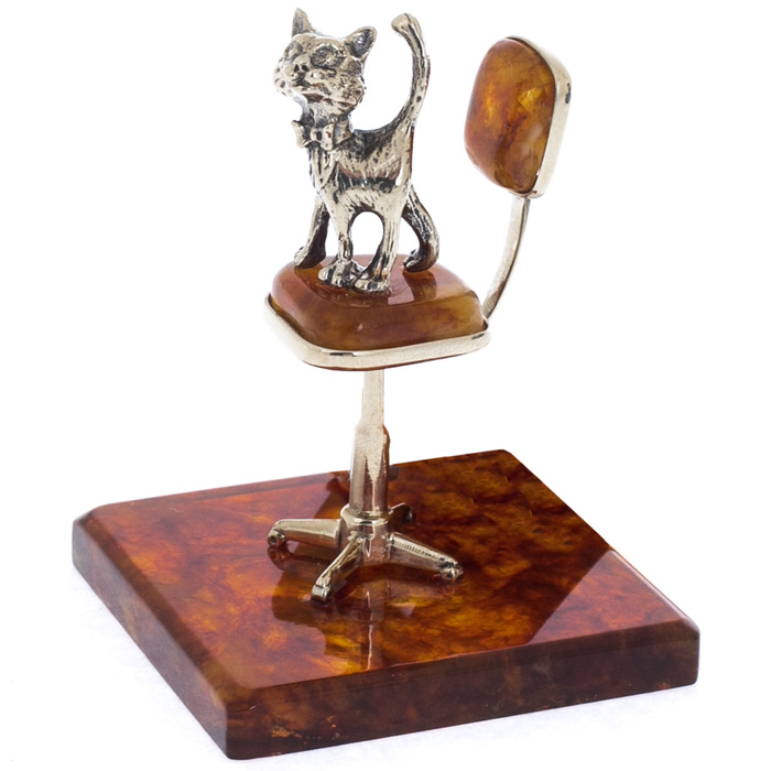 Сувенир из янтаря и бронзы "Котенок в офисе"