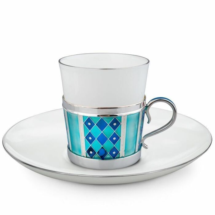 Набор кофейный из серебра и меди с фианитом, голубой