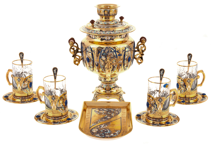 Чайный набор с самоваром "Русская традиция" на 4 персоны, с лазуритом, Златоуст