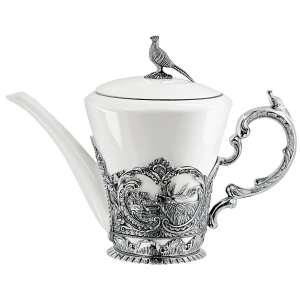 Серебряный чайный набор "Королевская охота": ложка, чашка, чайник
