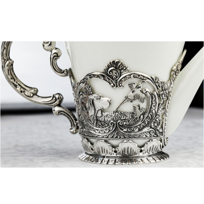 Серебряный чайный набор "Королевская охота": ложка, чашка, чайник