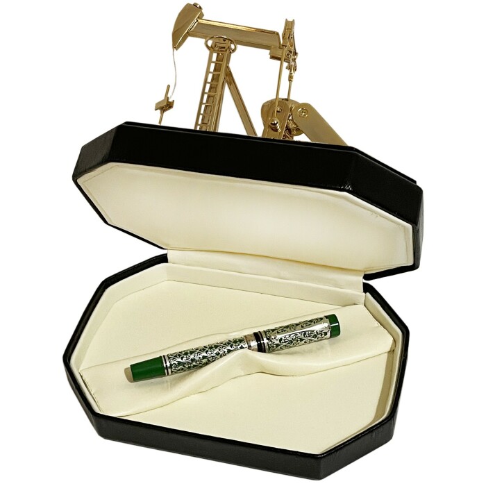 Ручка роллер с нефтяной качалкой серебристо-зеленая