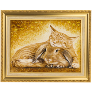Картина из янтаря "Кролик с котом"