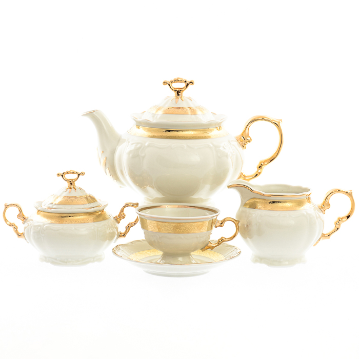 Чайный сервиз из фарфора Thun Мария Луиза золотая лента Ivory 17 предметов, на 6 персон