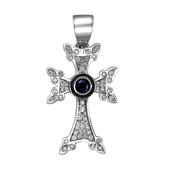 Крест RELIGION из белого золота с бриллиантами и сапфиром