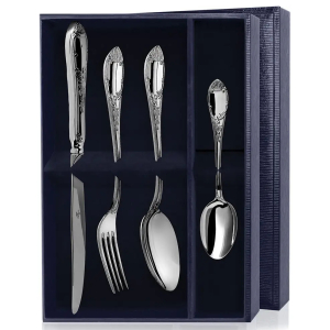 Набор из 4 столовых серебряных приборов "Престиж": вилка, ложка, нож, чайная ложка, на 1 персону