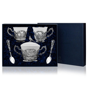 Чайный набор из серебра "Королевская охота": ложка, чашка, сахарница, на 2 персоны