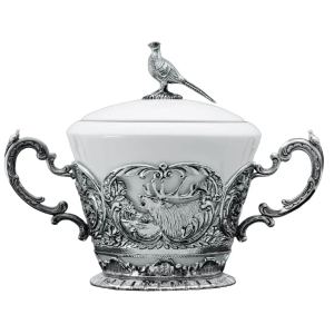 Чайный набор из серебра "Королевская охота": ложка, чашка, сахарница, на 2 персоны