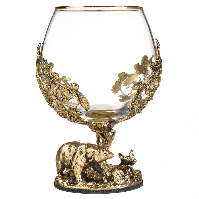 Подарочный набор бокалов для коньяка Денежный Бык, Тигр, Медведь, Лев в деревянной шкатулке, на 4 персоны