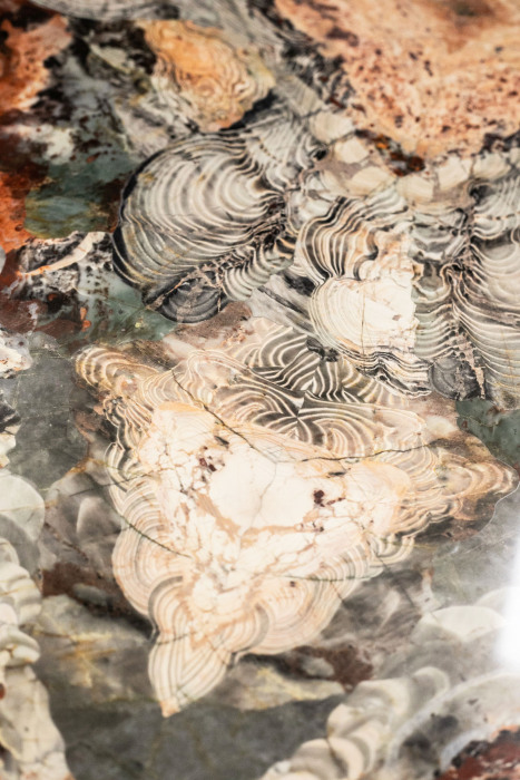 A table made of a cut of natural jasper with curly bronze legs. Collector's sample