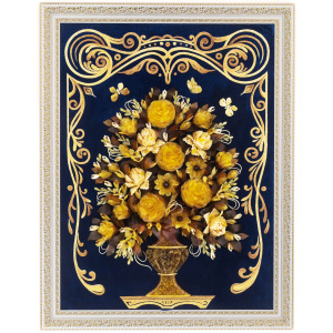 Картина из янтаря "Ваза с розами" на синем бархате