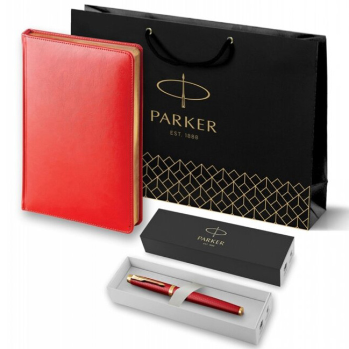 Подарочный набор: перьевая ручка Parker IM Premium и красный ежедневник с золотым срезом