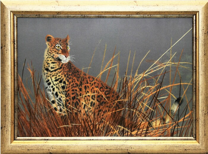 Картина на шелке "Леопард в камышах" ручной работы