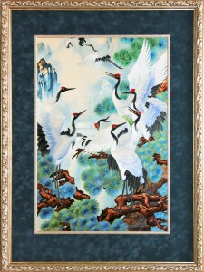 Картина на шёлке "Девять журавлей у водопада"