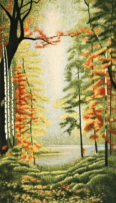 Картина на шелке по мотивам Васильева "Лесное озеро"