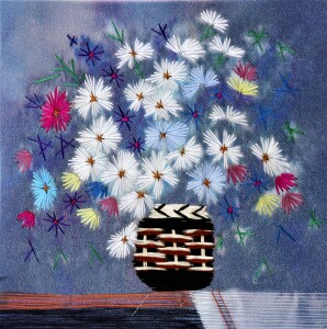Картина вышитая шелком "Корзина с полевыми цветами" ручной работы