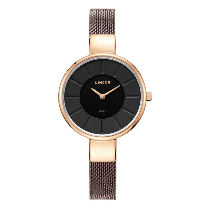 Lincor Uni Quartz Wristwatch in black and gold with a burgundy strap