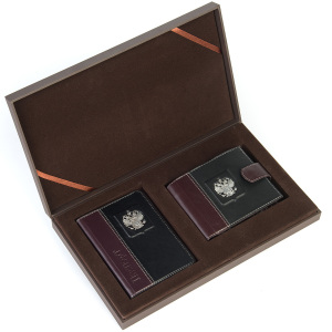 Набор из обложки на паспорт и кошелька "Федерация" с серебряными накладками, в футляре