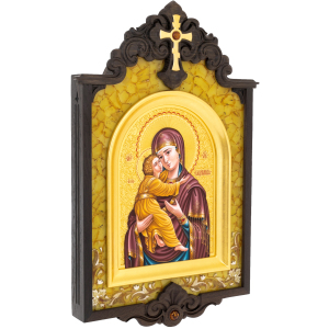 Икона янтарная в киоте "Владимирская Божья Матерь"