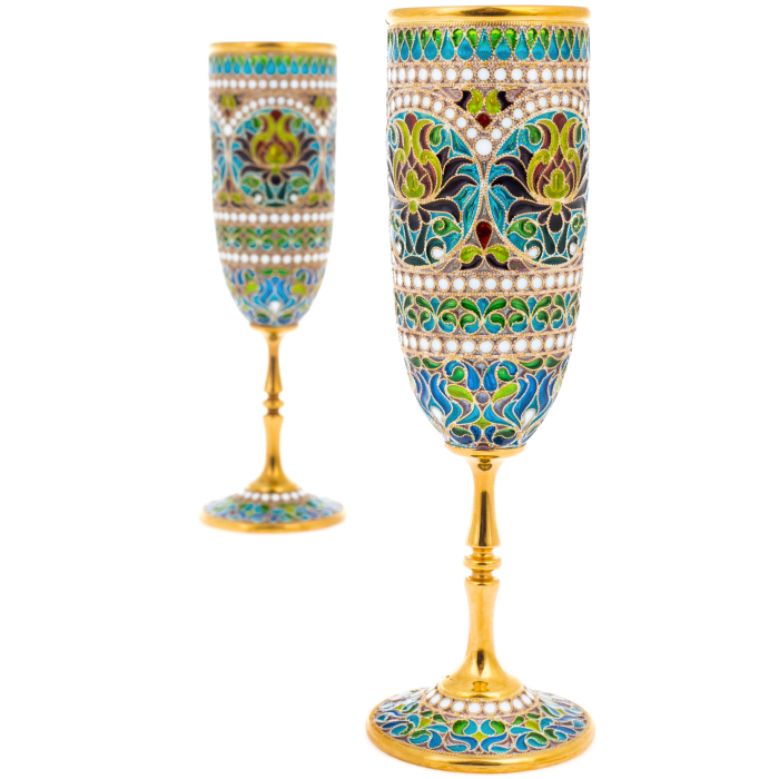 Набор бокалов для шампанского "Букет" с голубыми витражными эмалями, на 2 персоны