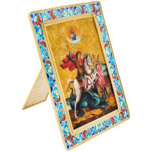 Икона настольная на перламутре "Георгий Победоносец" с витражной эмалью