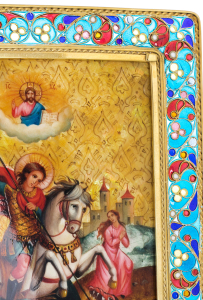 Икона настольная на перламутре "Георгий Победоносец" с витражной эмалью