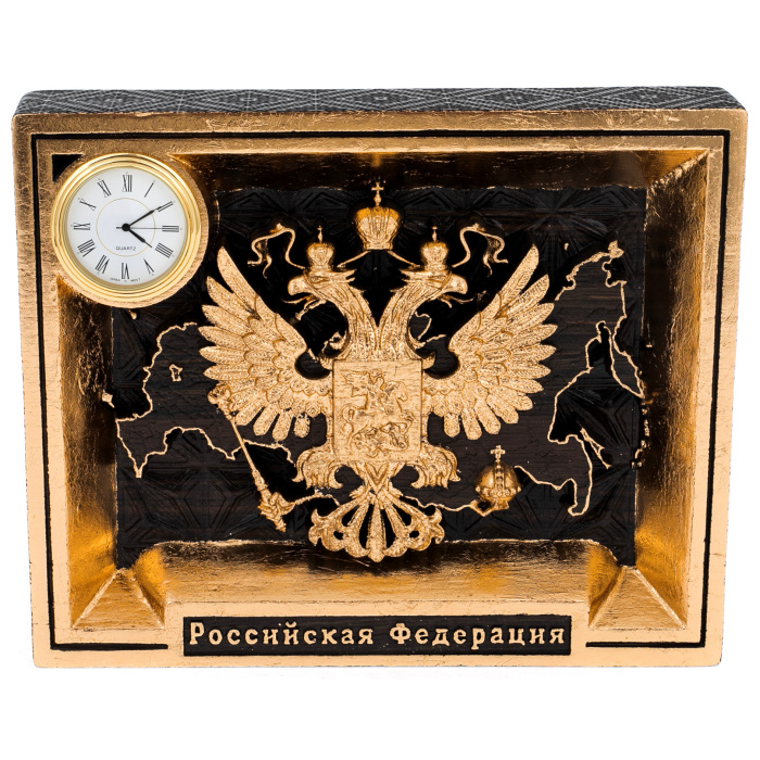 Панно из мореного дуба "Герб России" с часами и позолотой