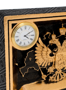 Панно из мореного дуба "Герб России" с часами и позолотой