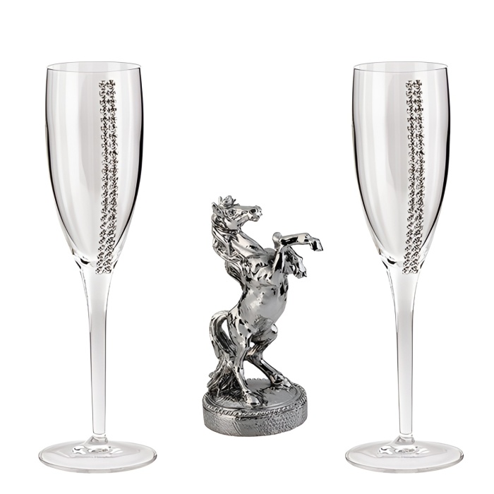 Набор бокалов для шампанского на 2 персоны и статуэтка "Лошадь встающая на дыбы"
