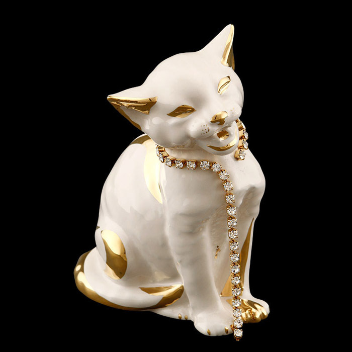 Статуэтка "Мяукающая кошка" с позолотой и стразами Swarovski