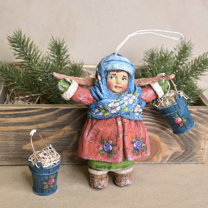 Коллекционная елочная игрушка из ваты ручной работы "Девочка с коромыслом. Красно-голубая"