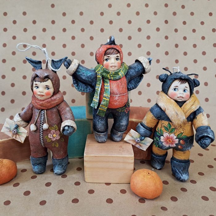 Набор коллекционных елочных игрушек из ваты ручной работы "Карнавал" 3шт
