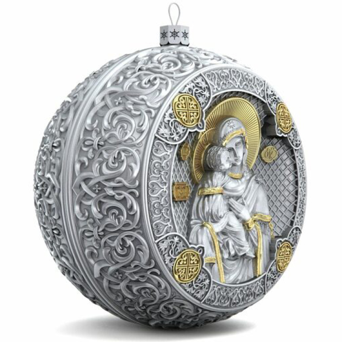 Набор подарочный с шарами и иконой "Божья Матерь Владимирская" из серебра, 4 шара